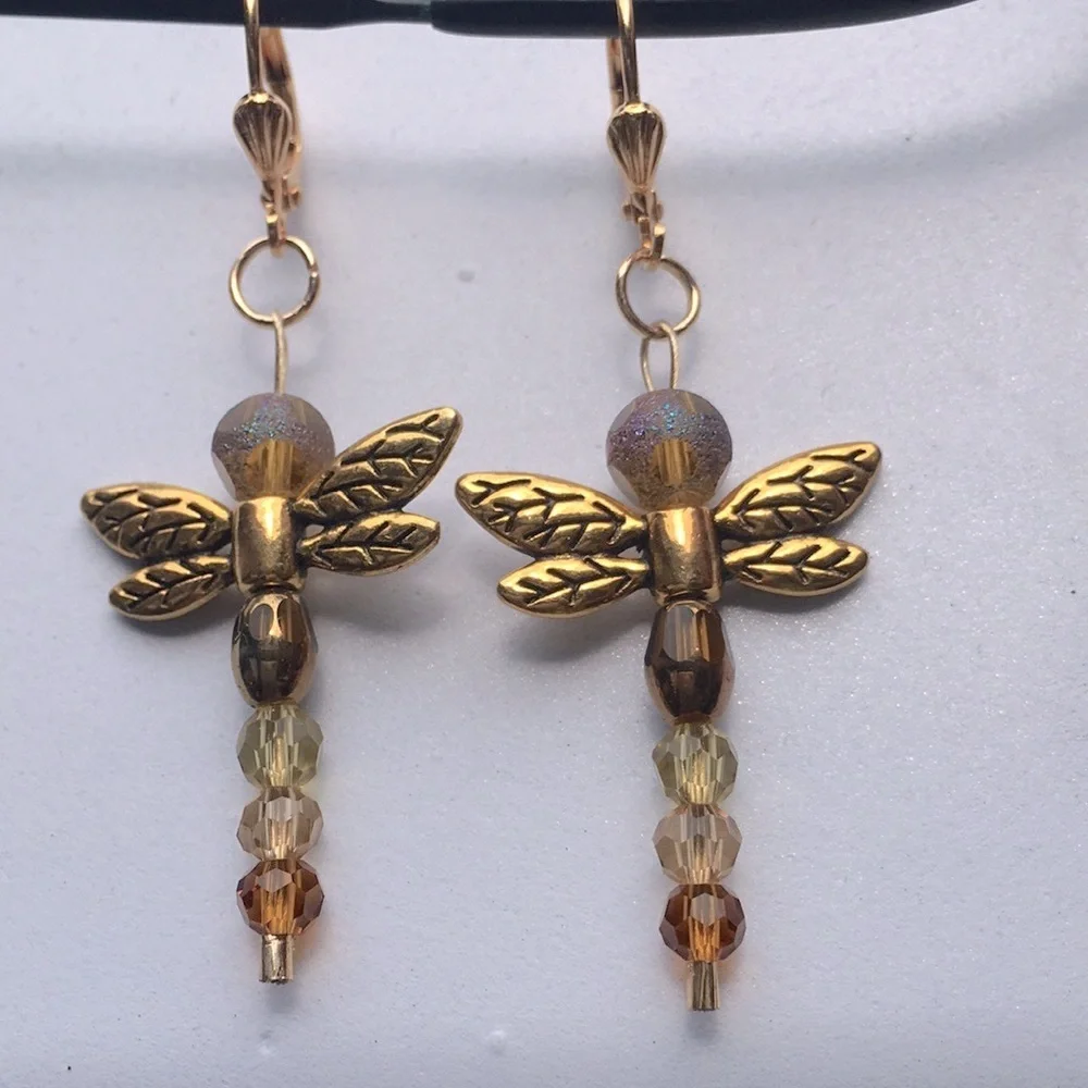 🟥Brand New Dragonfly Stainless Steel Gold Tone, Lever Back Earrings, Handcrafted - Picture 3 of 7